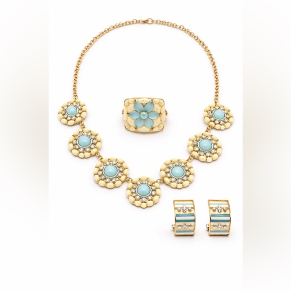 Jewelry - Vintage Blue Enamel Jewelry Set Necklace Ring Clip Earrings Floral Gold Tone